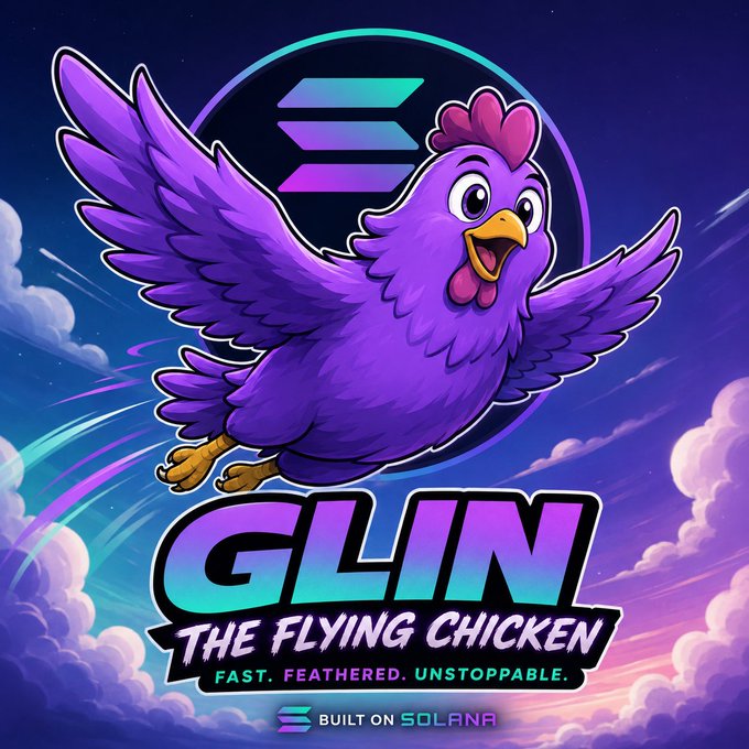 A cartoon purple chicken mascot soars through a starry sky with the text 'GLIN THE FLYING CHICKEN' and 'FAST. FEATHERED. UNSTOPPABLE.' along with 'BUILT ON SOLANA' displayed at the bottom.