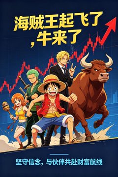 An anime-style graphic featuring One Piece characters including Luffy, Zoro, Sanji, and a bull, with Chinese text '海贼王起飞了,牛来了' (The Pirate King takes off, the bull is here) over a rising red stock chart.