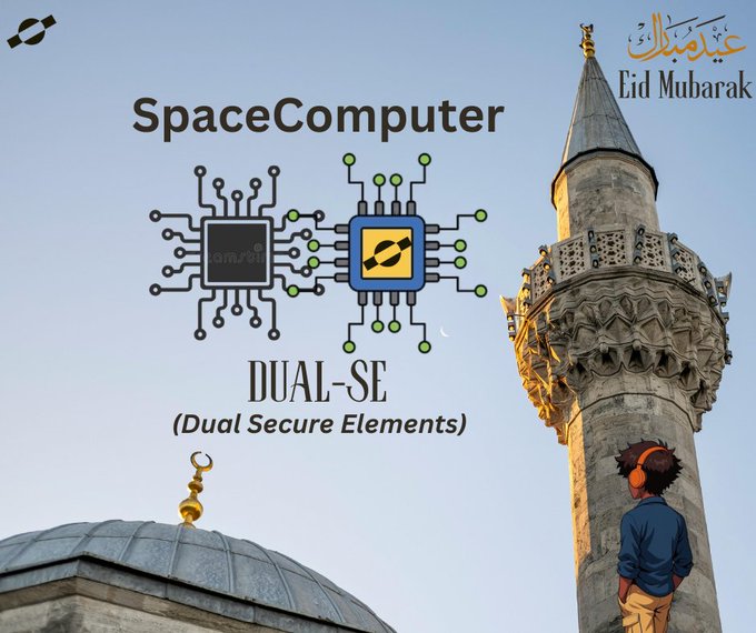 The image shows an architectural structure with a large domed roof under a clear blue sky. In front of the building, there is a person wearing headphones who seems to be taking a photograph or looking up at something above them. The caption for this scene reads: "SpaceNative security just leveled up. @SpaceComputerIO just dropped a massive architectural update 'DUAL-SE (Dual Secure Elements)'. Instead of relying on a single root of trust, Space Fabric introduces a cryptographic fail-safe:two completely different security chips." This text connects to the main image and provides context for the architectural feature and its relation to the SpaceComputer software.