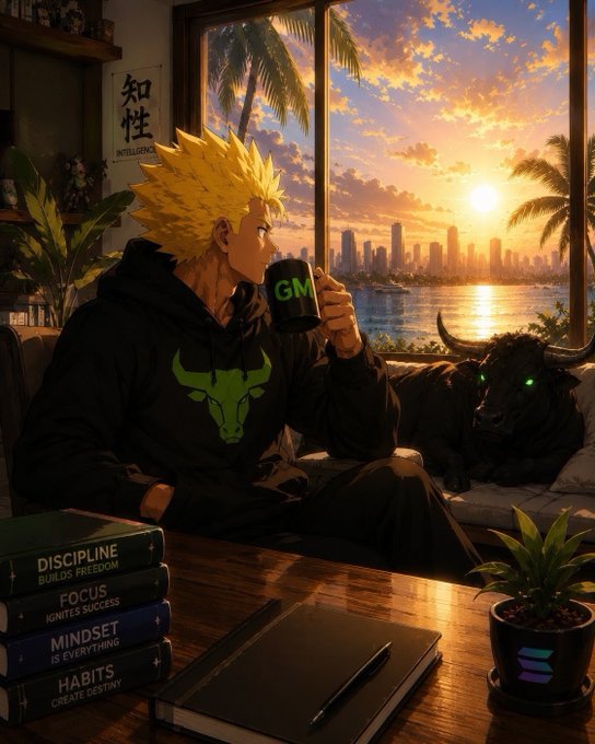 An anime-style illustration of a blonde-haired character wearing a green bull-logo hoodie, sipping from a "GM" mug while overlooking a tropical sunset skyline, with self-help books like "DISCIPLINE," "FOCUS," "MINDSET," and "HABITS" on the table.