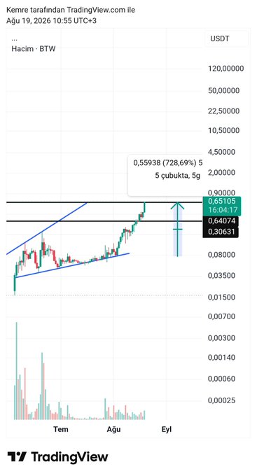A TradingView chart of BTW/USDT dated August 19, 2026, shows a breakout above the 0.65105 resistance level within a rising channel pattern, with a projected target of 0.55938 (728.69% gain) displayed on the chart, illustrating the "$BTW it's possible" bullish sentiment.