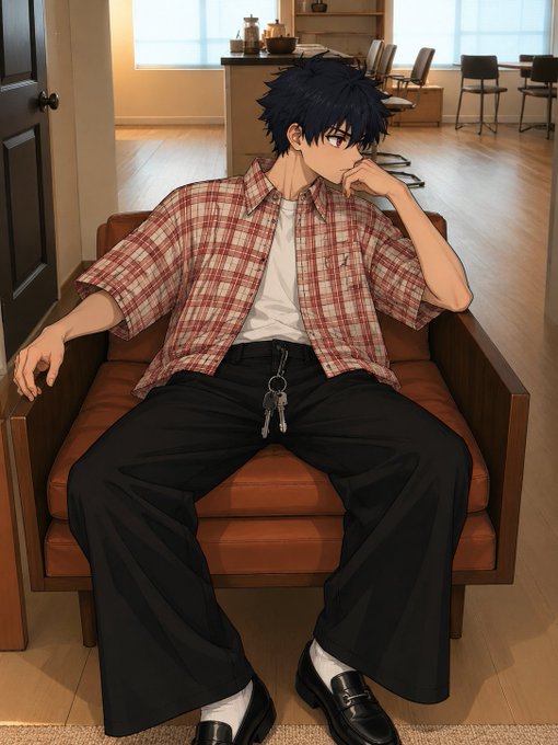 An anime-style illustration of a dark-haired young man wearing glasses, a plaid shirt, and black pants, sitting on a brown leather chair with keys hanging from his belt.