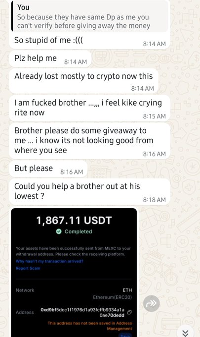 A WhatsApp conversation shows a scam victim desperately pleading for help after being duped into sending 1,867.11 USDT (worth $1,867) to a fraudulent withdrawal address, with the completed transaction screenshot confirming the crypto was transferred from MEXC to an Ethereum address (0xd9bf5dcc1f1976d1a93fcffb0334a10xe70dedd).