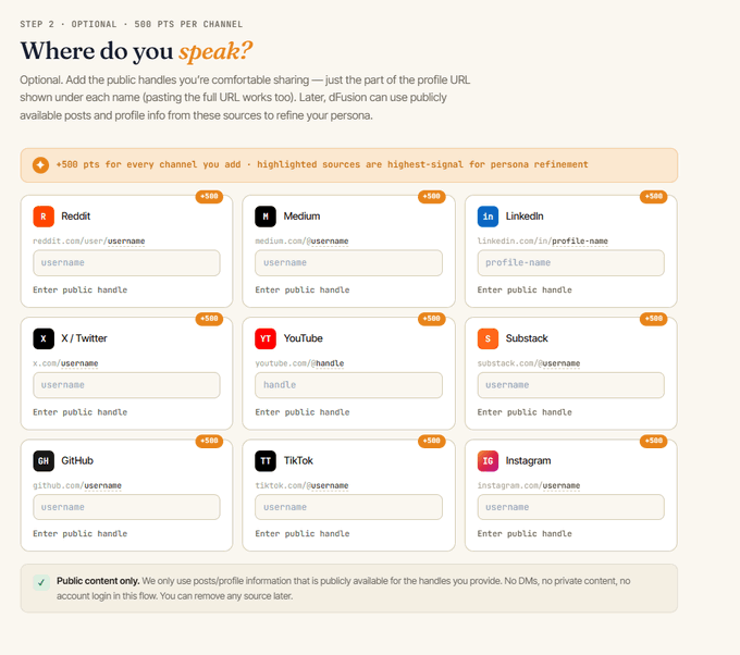 A dFusion onboarding screen titled 'Where do you speak?' showing input fields for public handles across platforms including Reddit, Medium, LinkedIn, X/Twitter, YouTube, Substack, GitHub, TikTok, and Instagram, each worth +500 pts.