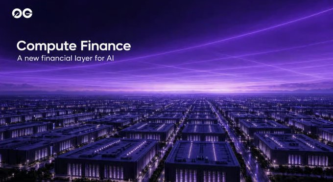 A promotional banner for "0G" (Zero Gravity) with the text "Compute Finance - A new financial layer for AI" displayed against a purple cityscape background.