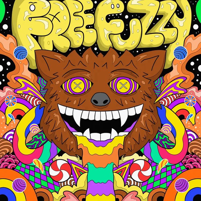 A vibrant, psychedelic illustration featuring a grinning brown wolf-like creature with yellow eyes and fangs, surrounded by colorful abstract patterns and the word 'RIGGZ' at the top.