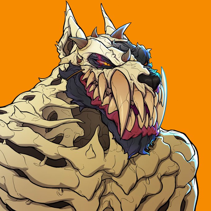 Stylized digital artwork of a fierce dragon/wolf-like creature with a bone skull and large fangs, set against a solid orange background.