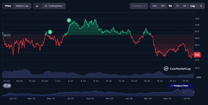 A CoinMarketCap price chart from TradingView showing a stock's 1M performance peaking around 72.5 before declining to 58.5 USD, with 1Y trends visible below for the period spanning January 2025 to July 2026.