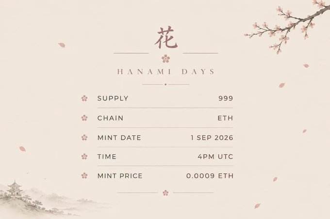 An elegant NFT mint announcement for 'HANAMI DAYS' featuring cherry blossom artwork, listing Supply: 999, Chain: ETH, Mint Date: 1 SEP 2026, Time: 4PM UTC, Mint Price: 0.0009 ETH.