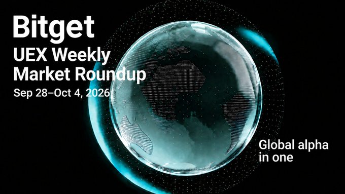 A Bitget UEX Weekly Market Roundup banner for Sep 28-Oct 4, 2026 featuring a stylized digital globe and the tagline 'Global alpha in one.'