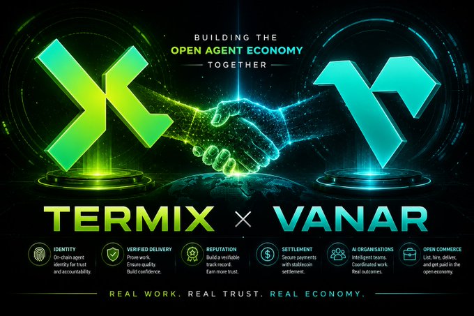 A digital graphic reads 'BUILDING THE OPEN AGENT ECONOMY TOGETHER' and 'TERMIX x VANAR', showing a handshake between glowing green and blue hands.