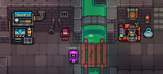 A pixel art video game scene shows a purple character named '+detón+' standing in a dungeon-like area with machinery, a pool of green liquid, and various objects scattered around.