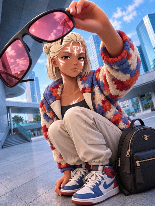A 3D-styled illustration features a stylish young woman with blonde hair, sunglasses, and face markings, wearing a colorful fleece jacket and Jordans, crouched next to a black backpack.