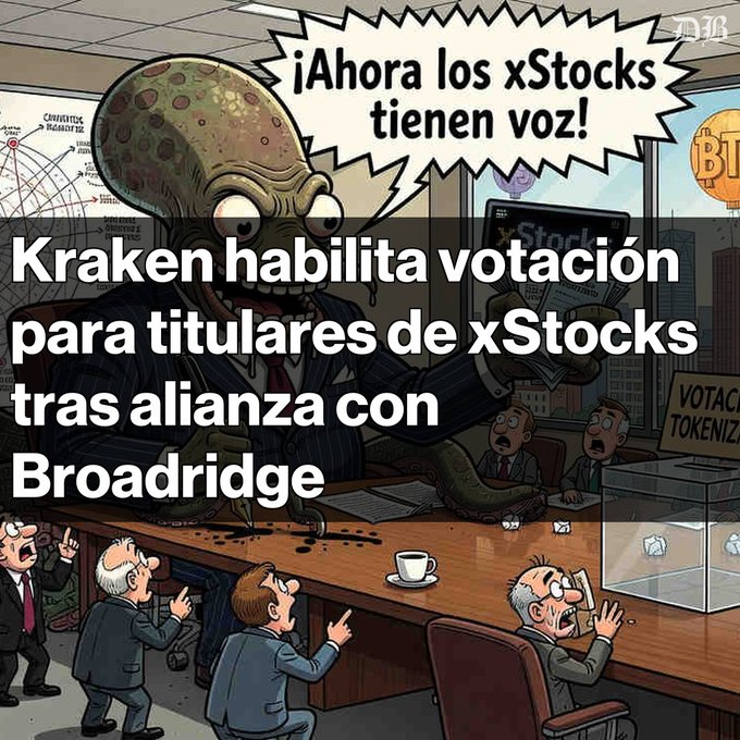 A cartoon illustration with Spanish text reading '¡Ahora los xStocks tienen voz! Kraken habilita votación para titulares de xStocks tras alianza con Broadridge', depicting a creature presenting xStocks to a group of executives.