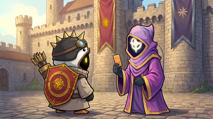 An anime-style illustration featuring a small black creature warrior with a shield facing a cloaked purple-robed figure holding a card, set against a castle backdrop.