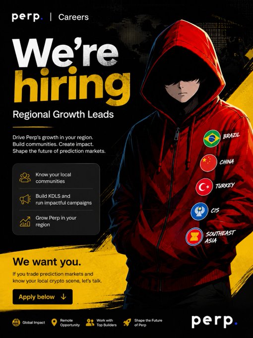 Job advertisement for 'perp.' hiring 'Regional Growth Leads' for regions including Brazil, China, Turkey, CIS, and Southeast Asia, with an anime-style hooded figure in red.