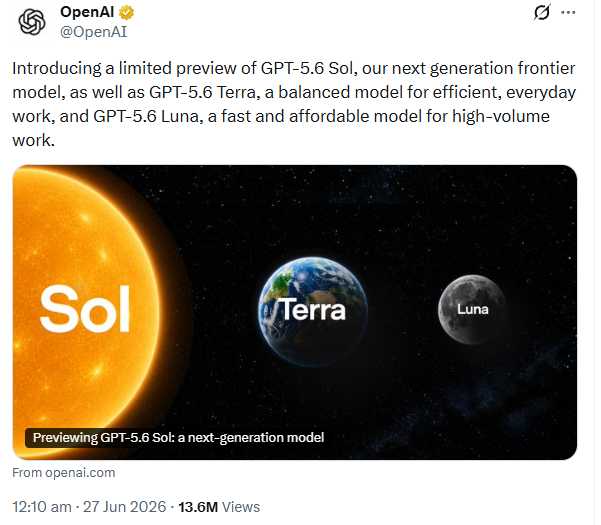 An OpenAI tweet from June 27, 2026 announces three new models: GPT-5.6 Sol (frontier model), GPT-5.6 Terra (balanced/efficient), and GPT-5.6 Luna (fast/affordable), accompanied by an image showing the Sun ("Sol"), Earth ("Terra"), and Moon ("Luna") in space. The post highlights the controversial naming choice, noting the unfortunate associations with the collapsed crypto projects Terra and Luna, while expressing concern for $SOL holders.