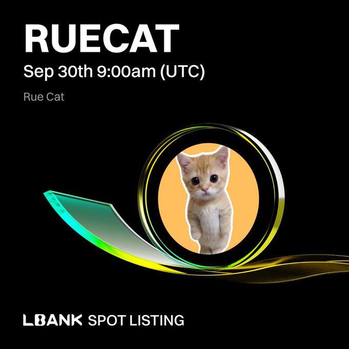 A promotional graphic for RUECAT cryptocurrency spot listing on LBank, scheduled for September 30th at 9:00am UTC, featuring a kitten image in a circular frame.