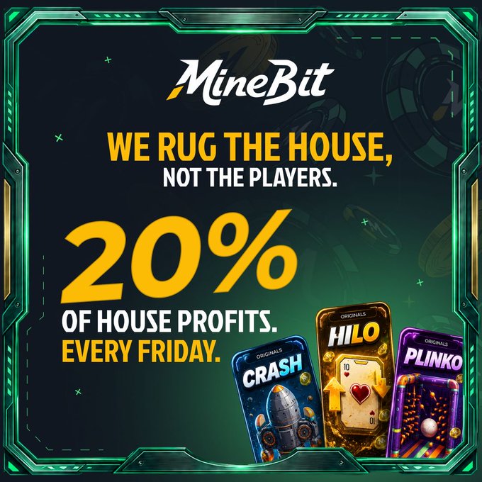 A promotional advertisement for 'MineBit' online casino games, featuring the slogan 'WE RUG THE HOUSE, NOT THE PLAYERS' and offering 20% of house profits every Friday, with images of Crash, HiLo, and Plinko games.