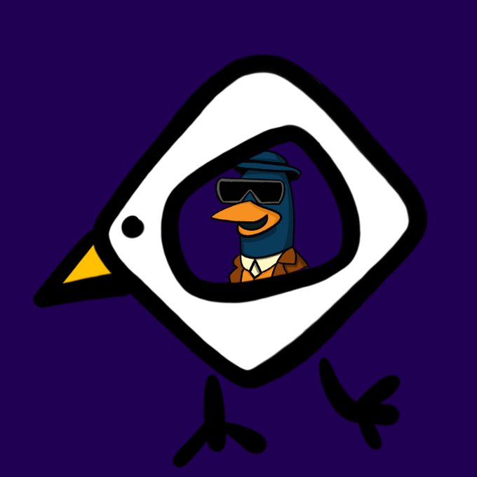 A cartoon illustration of a penguin-like character wearing VR goggles and a suit, framed within a white geometric shape against a purple background.