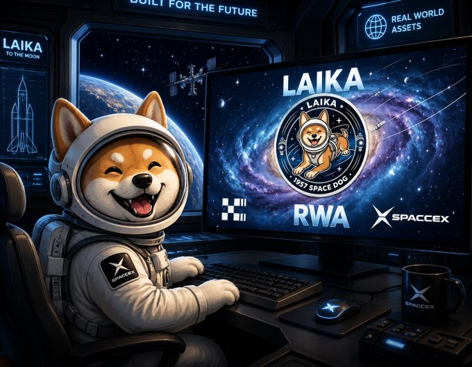 A cartoon Shiba Inu dog in a SpaceX spacesuit sits at a desk in front of a monitor displaying the "LAIKA" logo (labeled "1957 Space Dog"), alongside an X (formerly Twitter) logo and "RWA" text, with screens reading "LAIKA TO THE MOON," "BUILT FOR THE FUTURE," and "REAL WORLD ASSETS" in the background.

The image playfully visualizes the post's point about $LAIKA's narrative strength, blending the famous space dog with SpaceX branding and space-exploration imagery to reinforce its appeal as a meme coin with crossover themes spanning crypto, space history, and real-world assets.