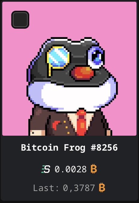 A pink NFT card featuring a pixel art character with a sweating expression wearing a red tie, labeled 'Bitcoin Frog #8256' with a current price of '0.0028 ₿' and a previous price of '0.3787 ₿'.