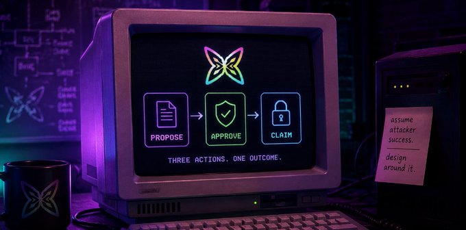A retro CRT monitor displays a three-step security flow (PROPOSE → APPROVE → CLAIM) with a neon butterfly logo, accompanied by a sticky note reading 'assume attacker success. design around it.'
