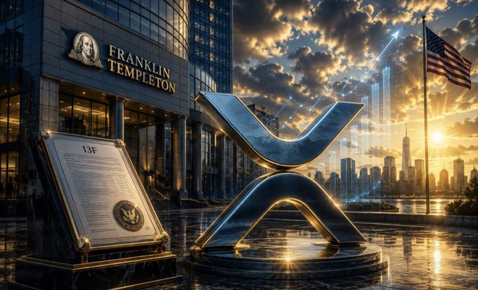 A dramatic digital illustration shows the Franklin Templeton headquarters with a document labeled '13F', a glowing XRP logo sculpture in the foreground, an American flag, and a city skyline at sunset.