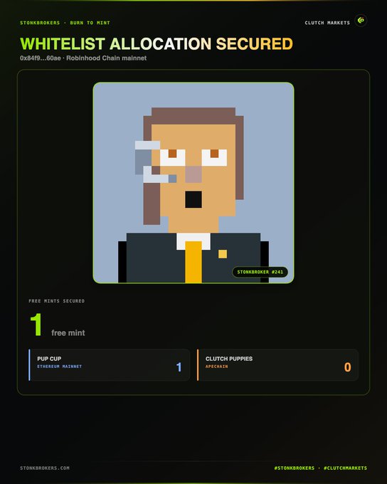 A digital interface titled 'STONKBROKERS • BURN TO MINT' displays a 'WHITELIST ALLOCATION SECURED' message for a pixel-art NFT (Stonkbroker #241) on the Robinhood Chain mainnet, showing 1 free mint secured and stats for 'PUP CUP' and 'CLUTCH PUPPIES'.
