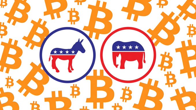 Two circular icons featuring a donkey (representing Democrats) and an elephant (representing Republicans) are displayed against a background of orange Bitcoin symbols, illustrating the political divide over cryptocurrency regulation in response to the news about Democrats' Clarity Act counterproposal.