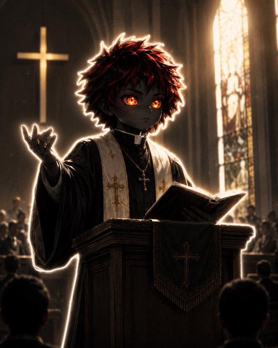 An anime-style priest with red spiky hair and glowing red eyes stands at a pulpit holding a Bible, with a cross and stained glass windows behind him.