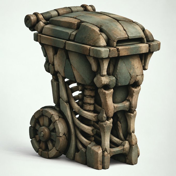 A 3D-rendered stone or bronze-colored fantasy cart with segmented wheels, heavy masonry-like panels, and a cylindrical object on top, shown against a plain light background.