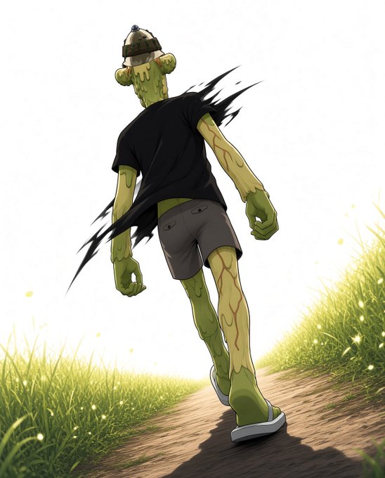 An anime-style illustration depicts a tall, plant-like humanoid creature with green skin wearing a black t-shirt, gray shorts, and a bucket hat, walking away on a dirt path through grassy terrain.