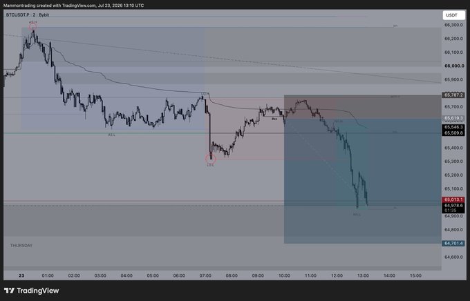 A TradingView BTCUSDT 2-hour chart from July 23, 2024, showing Bitcoin's price declining from around $66,300 to $65,015 with marked ASR (Ask) and BID levels along with technical analysis indicators.