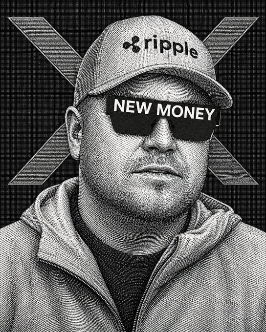A stylized black-and-white portrait of a man wearing a "ripple" branded cap and "NEW MONEY" sunglasses, set against an X-shaped background graphic, visually reinforcing the post's bullish message that new digital asset wealth tied to Ripple (XRP), Stellar (XLM), and Hedera (HBAR) is on the horizon.