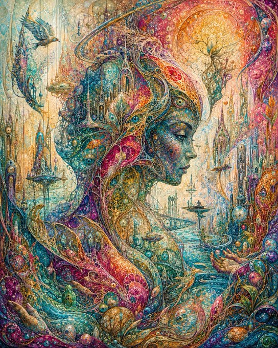 A vibrant, psychedelic portrait of a serene figure adorned with intricate, swirling patterns and a radiant sun-like halo, set against a fantastical cityscape of dreamlike spires. The image's ethereal beauty and message of creative renewal perfectly complement the post's uplifting wish for clarity, courage, and a fresh start to the day.