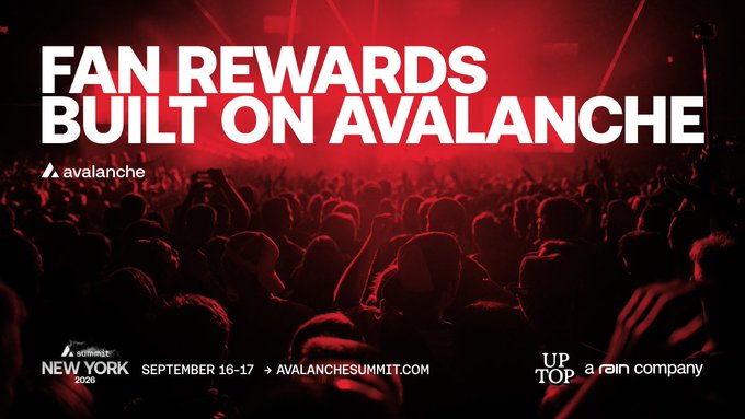A promotional banner for "FAN REWARDS BUILT ON AVALANCHE" displayed over a red-lit concert crowd, advertising the Sofi summit New York 2026 (September 16-17) at AvalancheSummit.com with logos for Avalanche and UpTop (a Rain company). The image visually reinforces the message of blockchain-driven fan engagement by pairing Avalanche's branding with an enthusiastic live audience, suggesting tangible, real-world utility for fan reward programs.