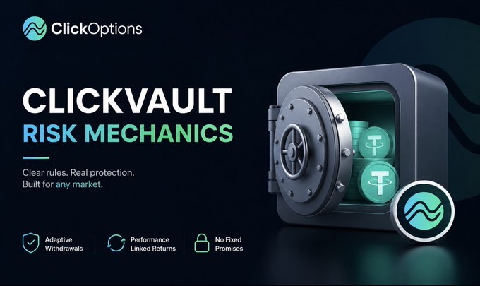 The image is a promotional graphic for ClickOptions' "ClickVault Risk Mechanics," featuring a vault and "T" coin imagery with the tagline "Clear rules. Real protection. Built for any market," highlighting features like Adaptive Withdrawals, Performance Linked Returns, and No Fixed Promises. It visually reinforces the post's focus on the often-overlooked protective mechanics of ClickVault that safeguard stakers beyond just rewards and fee discounts.