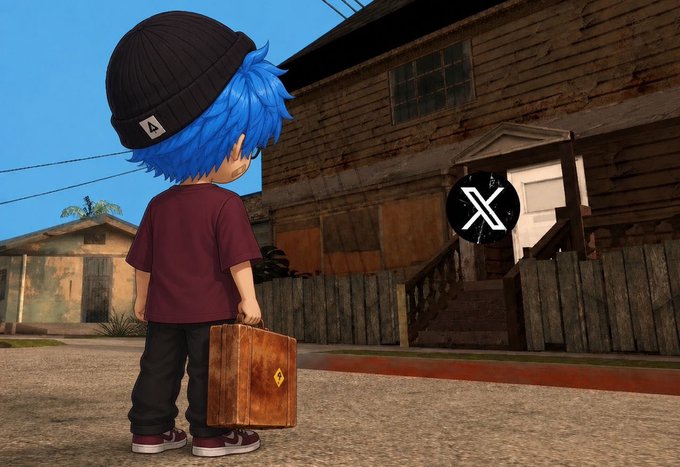 3D rendering of an anime-style character with blue hair and a black beanie, holding a brown suitcase while standing in front of a rustic house.