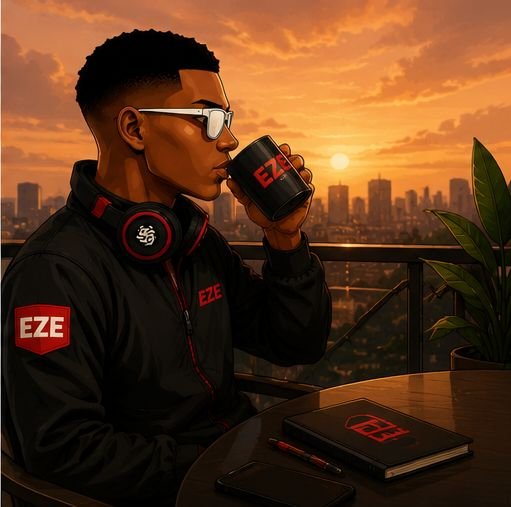 A digital illustration of a young man wearing glasses and a black 'EZE' branded jacket with headphones around his neck, drinking from an 'EZE' mug at a table with a notebook, set against a sunset city skyline.