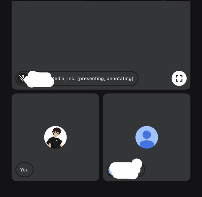 A screenshot of a video calling interface showing two participant tiles, one labeled 'You' with an avatar of a person in glasses and a black shirt, and another generic blue profile icon, with names partially obscured by white markings.