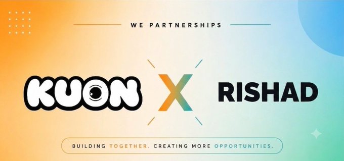 A partnership graphic announcing a collaboration between **KUON** and **RISHAD**, featuring the text "WE PARTNERSHIPS" at the top and "BUILDING TOGETHER. CREATING MORE OPPORTUNITIES." at the bottom, with an "X" between the two brand names against a gradient orange and blue background. The image aligns with the post's excitement about collaborating with KUON NFT on a 5 PFP giveaway tied to their Japanese lore-driven NFT universe on Ethereum.