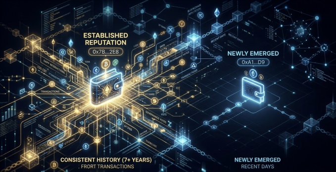 A digital graphic comparing 'ESTABLISHED REPUTATION' to 'NEWLY EMERGED' entities, showing a gold wallet icon labeled 'CONSISTENT HISTORY (7+ YEARS)' and a blue wallet icon labeled 'RECENT DAYS'.