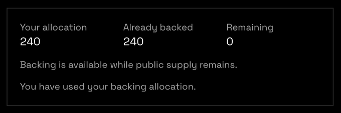 A backing dashboard shows an allocation of 240, with 240 already backed and 0 remaining, indicating the user has fully used their backing allocation for the OSSEN project. The message "You have used your backing allocation" confirms that the available backing has been exhausted.