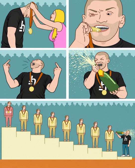 A comic shows a man biting a gold medal off another athlete, then spraying champagne from the bottle, finally standing at the bottom of a medal podium while eight other competitors stand higher above him, humorously depicting how "$HTR" investors feel like last-place losers watching others celebrate.