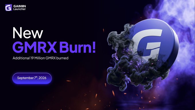 A promotional graphic for 'GAIMIN Launcher' announcing a 'New GMRX Burn!' of an additional 19 million GMRX burned, dated September 7th, 2026.