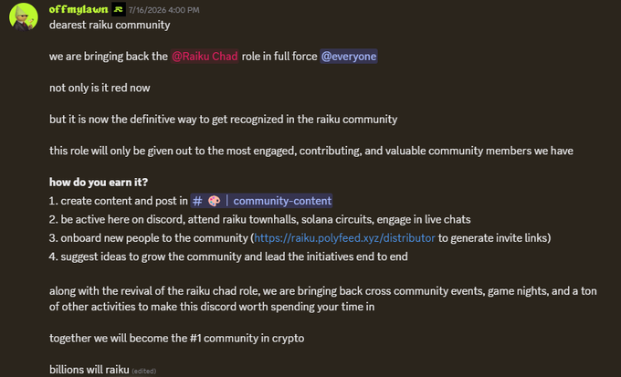 A Discord announcement from Raiku (offFmglaun) dated 7/16/2024 explains that the @Raiku Chad role is returning in red as the top recognition for engaged community members, earned through creating content, being active on Discord, onboarding new people, and leading initiatives, alongside revived cross-community events and game nights to make Raiku the #1 crypto community.