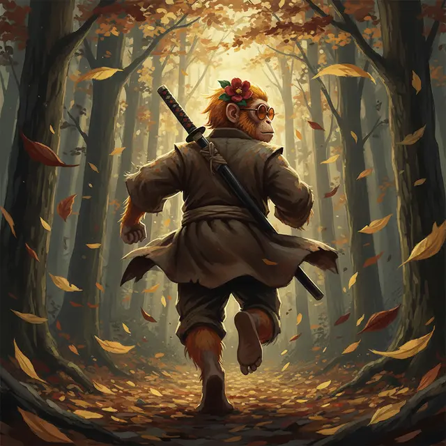 A digital illustration of a monkey samurai wearing a brown robe, glasses, and a flower in its hair, running through an autumn forest with a katana on its back.