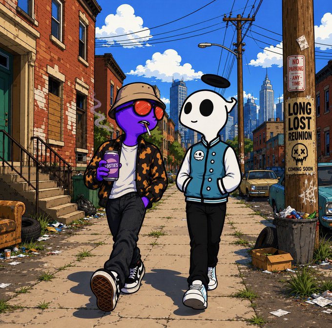 A colorful cartoon-style illustration of two stylized characters—one purple in a bucket hat and sunglasses holding a coffee cup, the other a white ghost-like figure in a letterman jacket—walking down a gritty urban street with a "NO PARKING ANY TIME" sign and a "LONG LOST REUNION COMING SOON" poster on a pole.