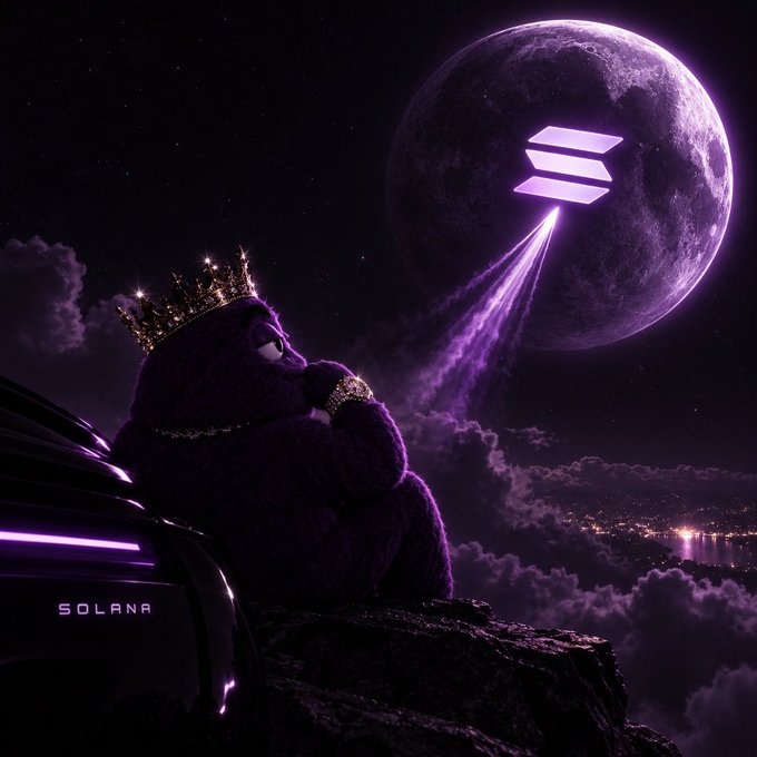 A dark, stylized illustration featuring a gorilla wearing a crown sitting near a vehicle with 'SOLANA' text, set against a purple moon displaying the Solana logo.